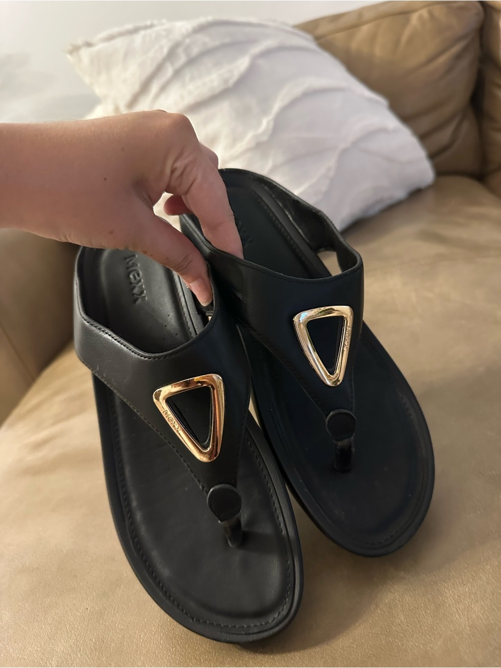 Mexx Black Thong Sandals with Gold Triangle Detail